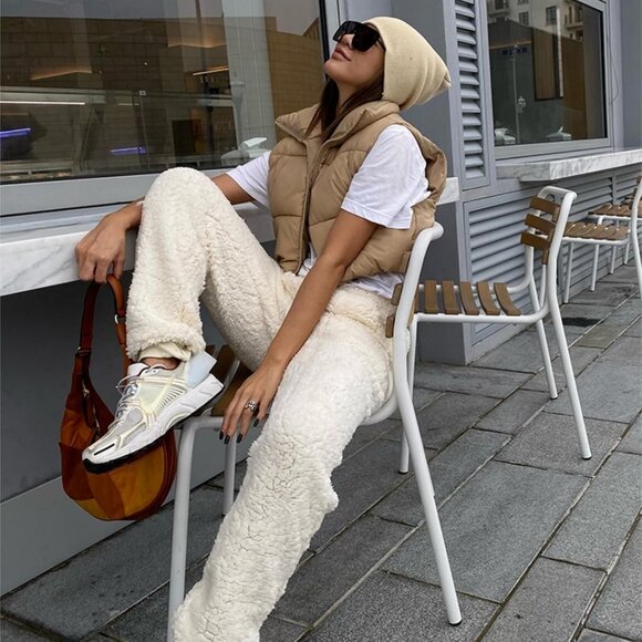 Women's Khaki Fashion High Neck Zipper Cropped Puffer Vest Jacket Coat Cardigan - Picture 3 of 6